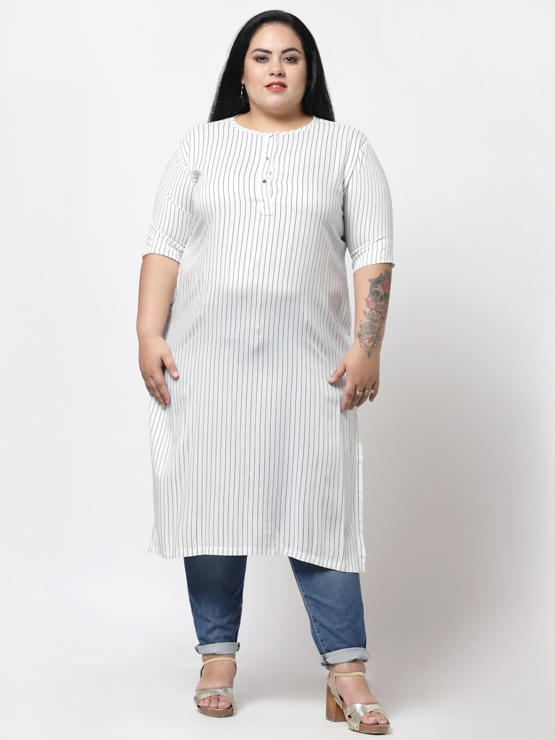 

FAZZN Plus Size Women White Striped Kurta