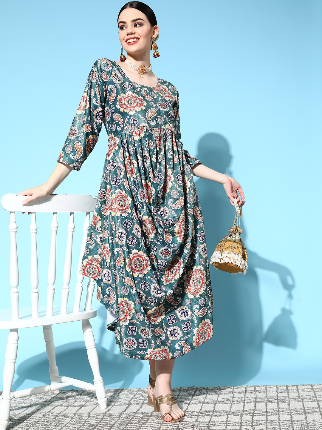 

InWeave Women Tranquil Teal Velvet Print Parade Ethnic Dress