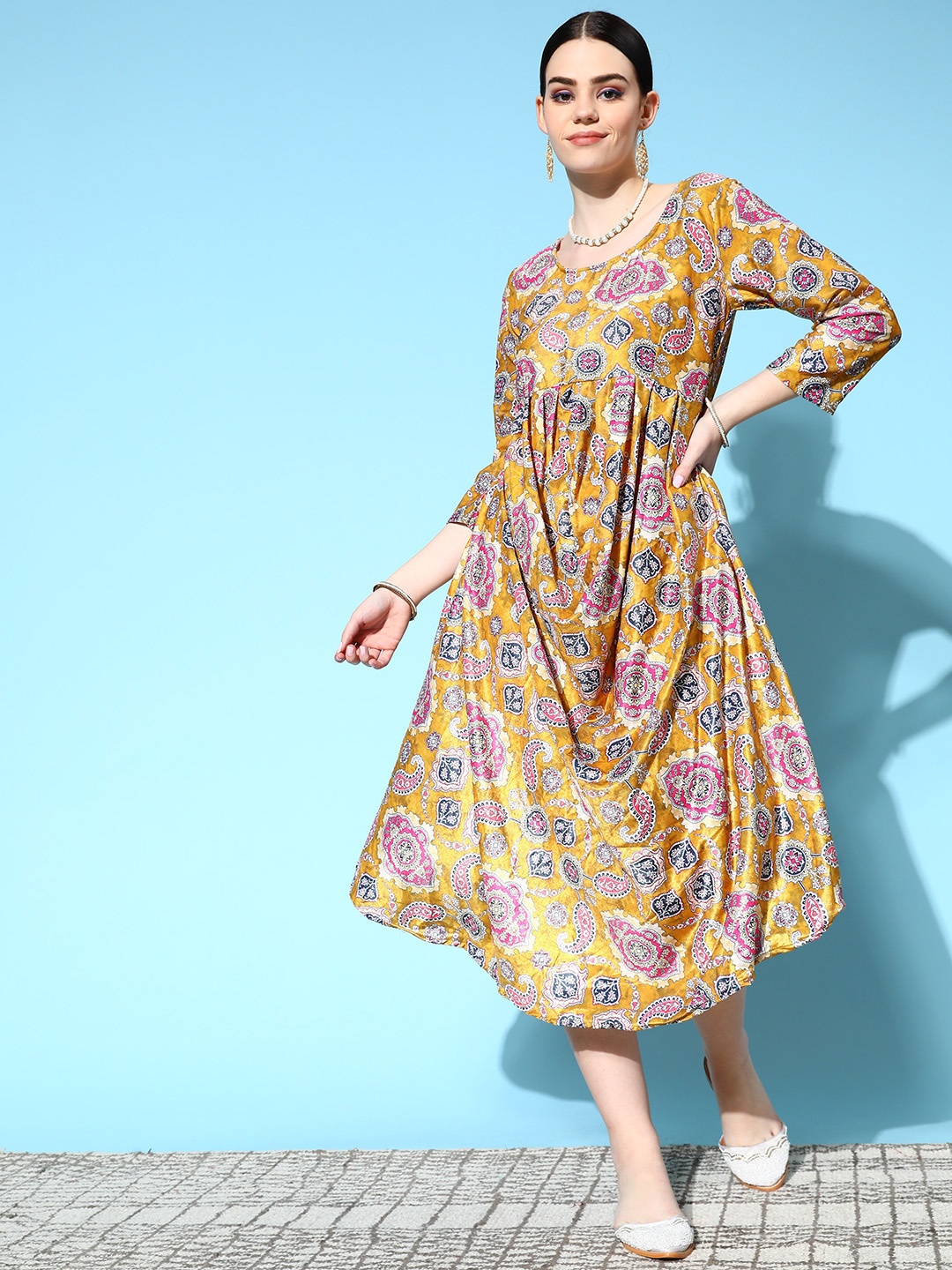 

InWeave Women Mustard Velvet Print Parade Ethnic Dress