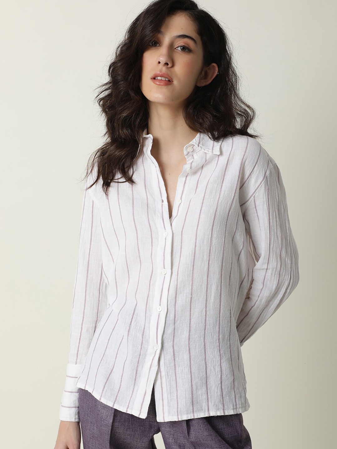 

RAREISM White & Purple Striped Mandarin Collar Shirt Style Top