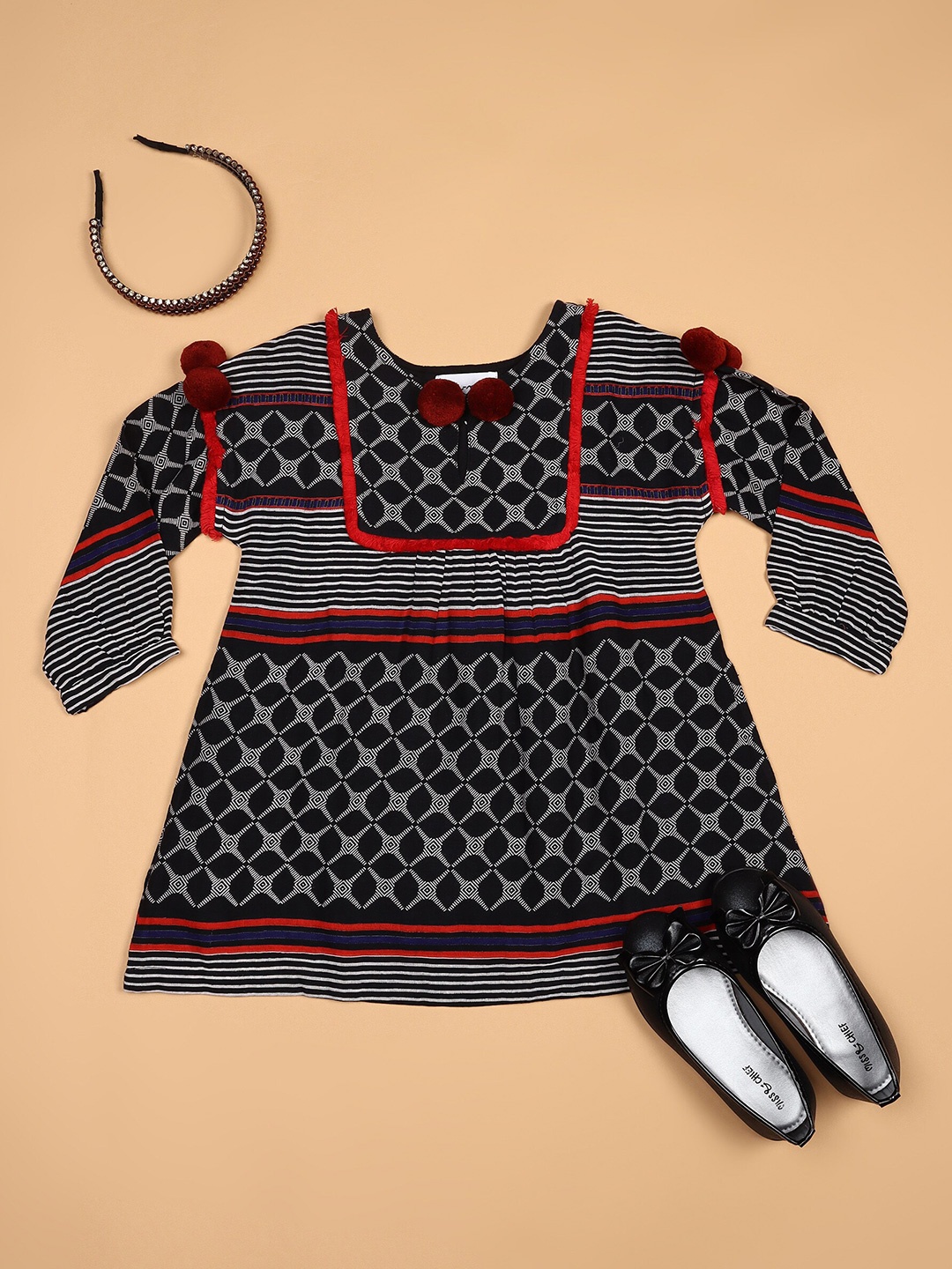 

Ka-mee Girls Ethnic Motifs Printed Cotton A-Line Dress, Black