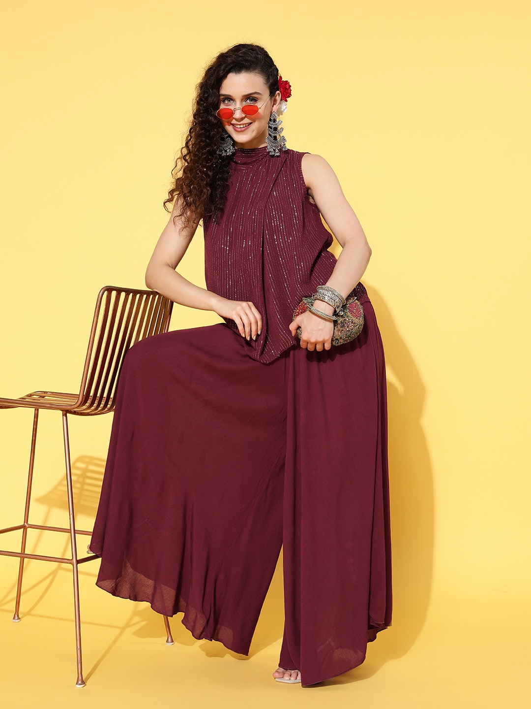 

InWeave Women Maroon Shimmery Striped Top with Flared Palazzo