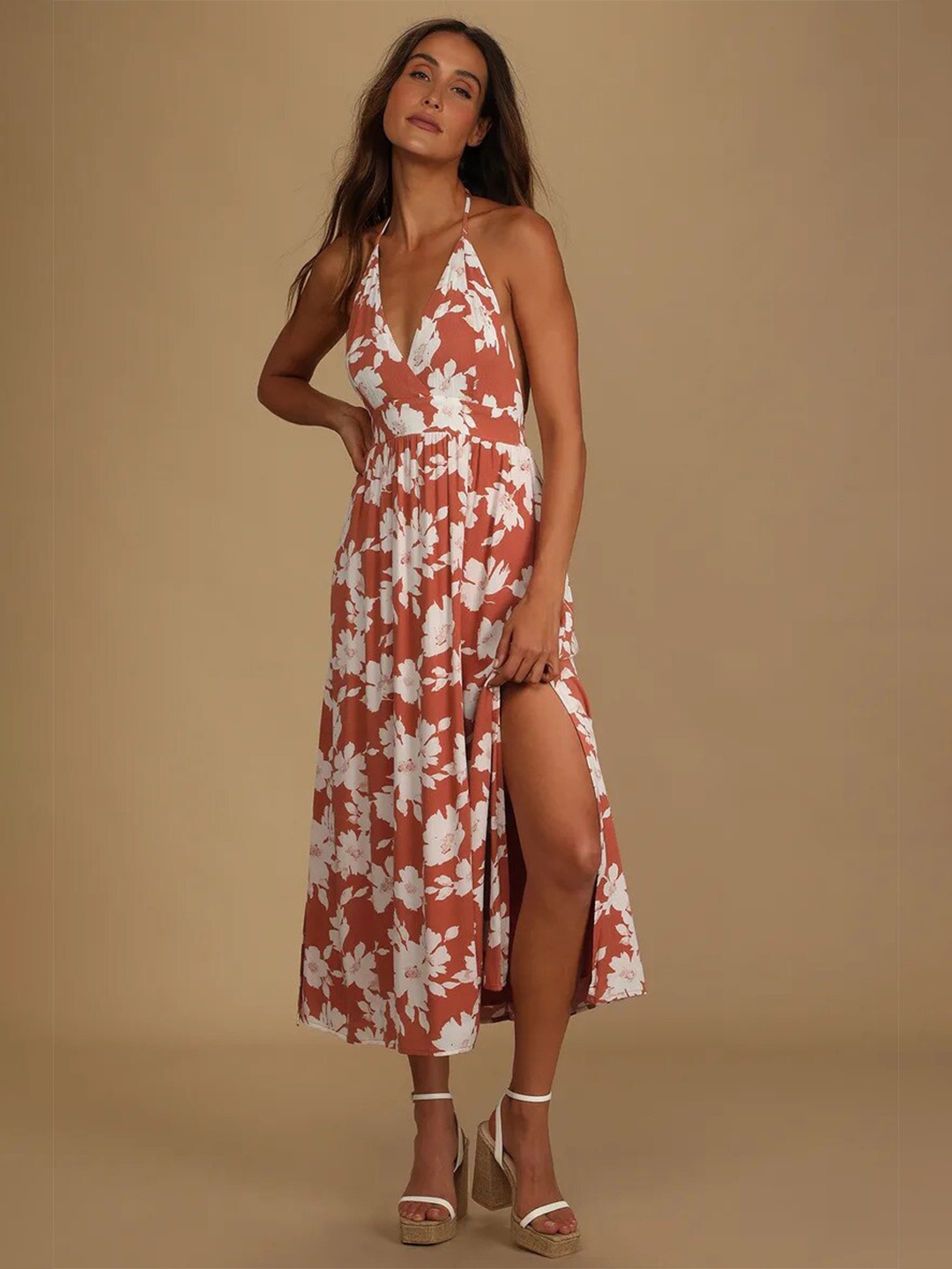 

La Aimee Women Bright Peach Floral Dress