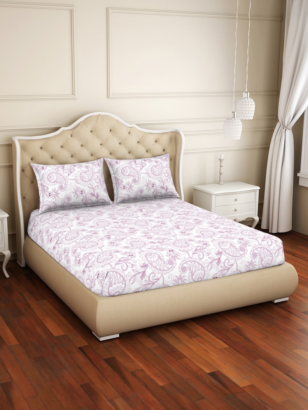 

Welspun White & Purple Floral 150 TC King Bedsheet with 2 Pillow Cotton Covers
