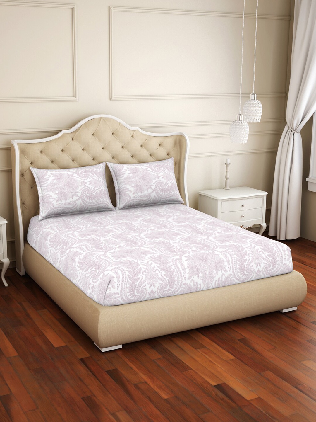 

Welspun Violet & Off White Floral 150 TC King Bedsheet with 2 Pillow Cotton Covers