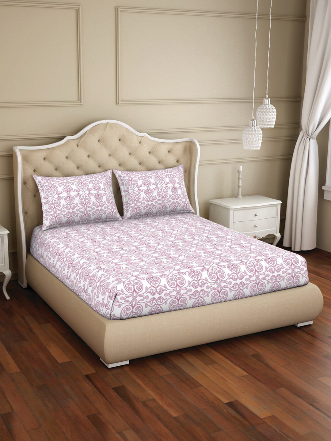 

Welspun White & Purple Ethnic Motifs 150 TC Queen Bedsheet with 2 Pillow Cotton Covers