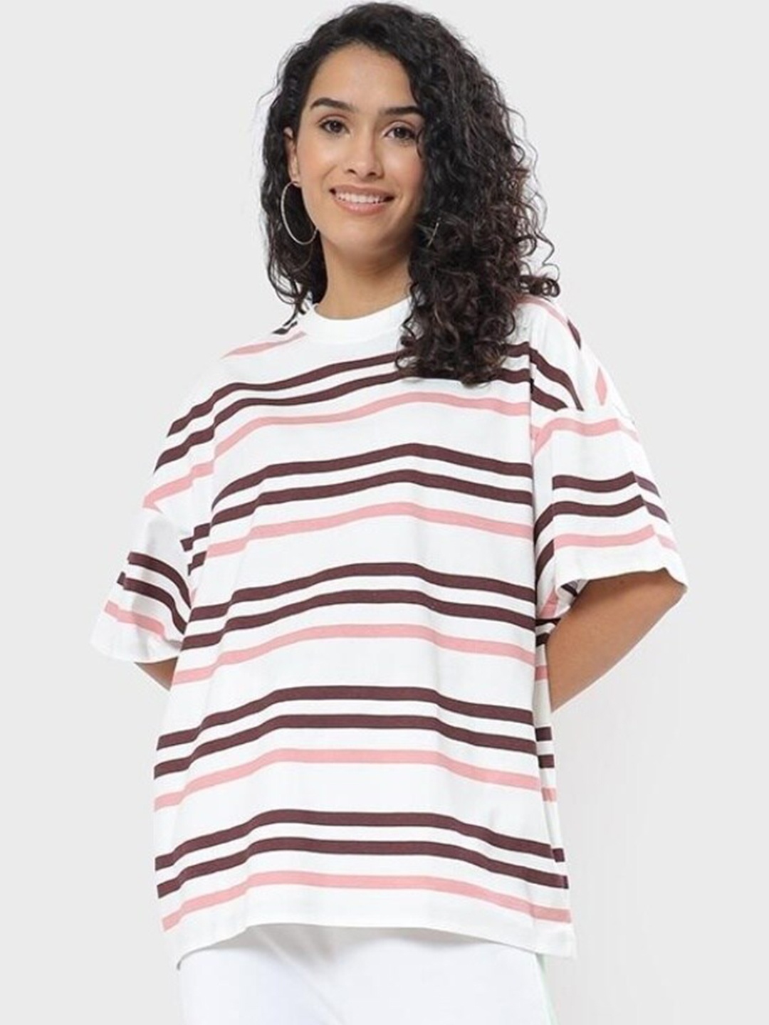 

Bewakoof Plus Women Plus Size Striped Extended Sleeves T-shirt, White