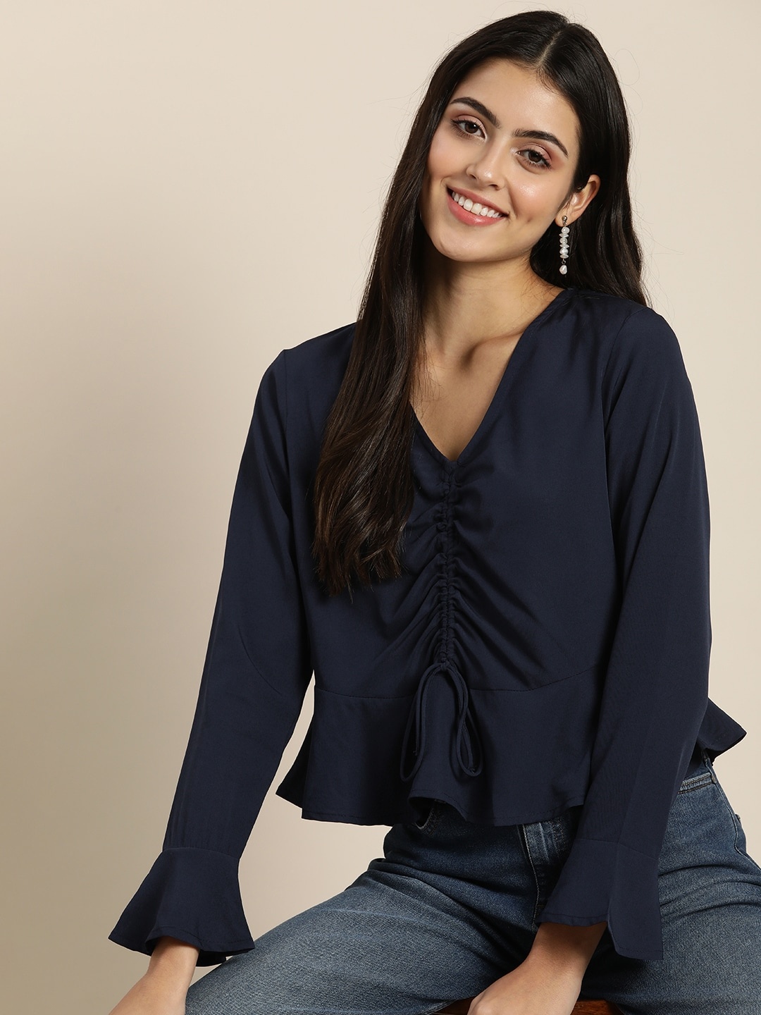 

encore by INVICTUS Solid V-Neck Peplum Top With Tie-Up Detail, Navy blue