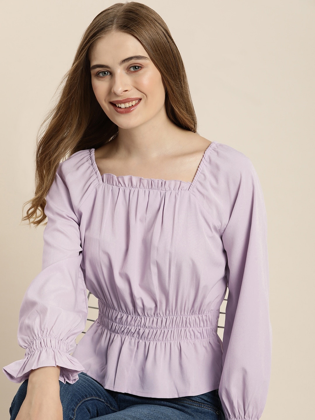 

encore by INVICTUS Bell Sleeves Smocked Detail Peplum Top, Lavender