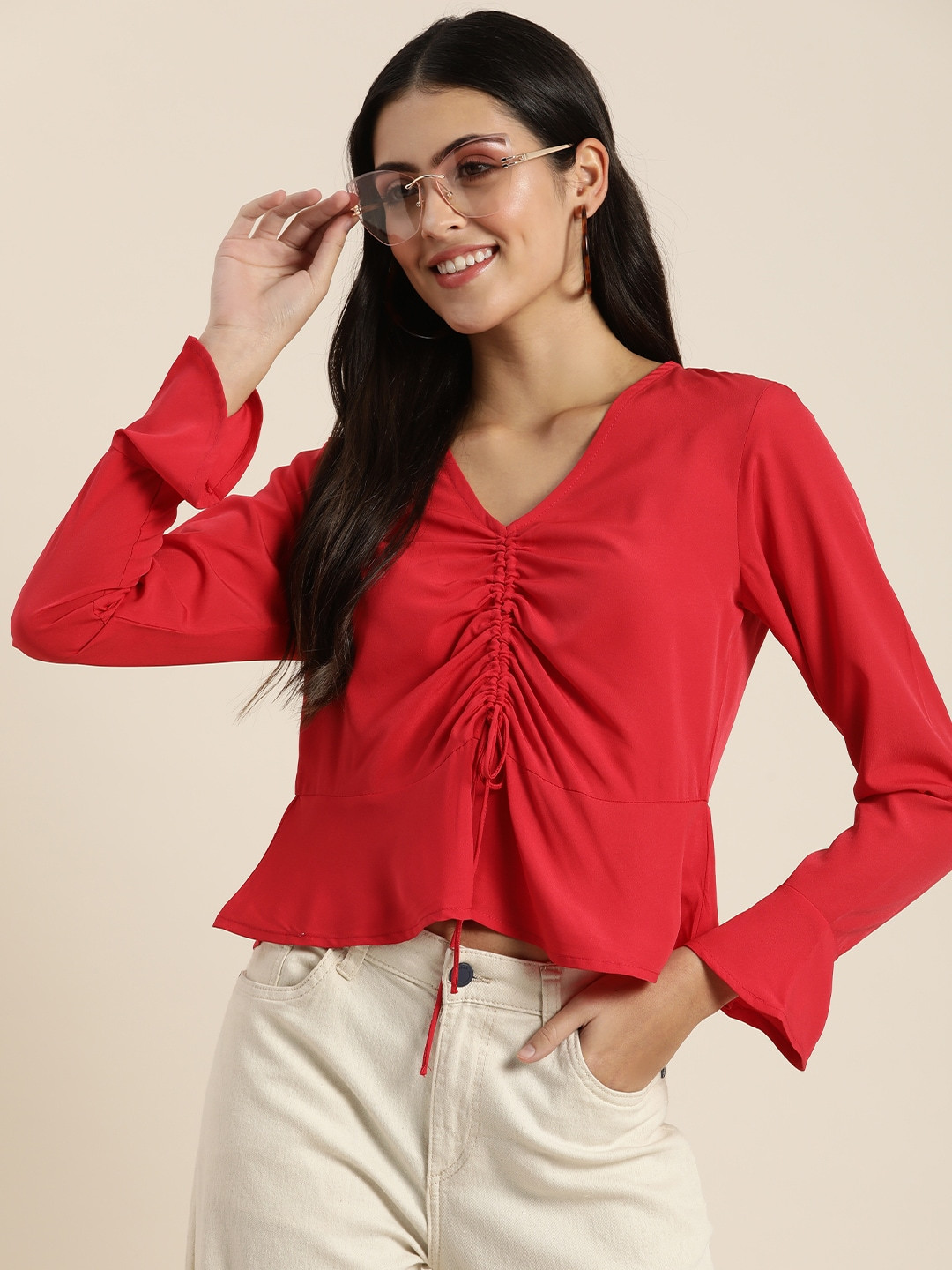 

encore by INVICTUS Solid V-Neck Peplum Top With Tie-Up Detail, Red