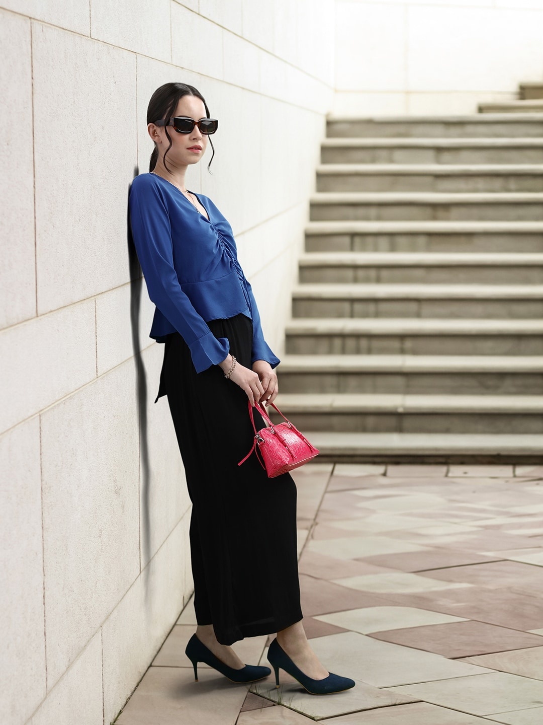 

encore by INVICTUS Solid V-Neck Peplum Top With Tie-Up Detail, Blue