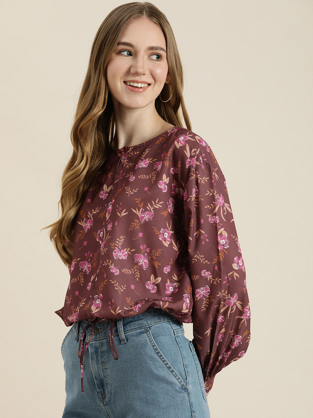 

encore by INVICTUS Round Neck Floral Printed Blouson Top, Mauve