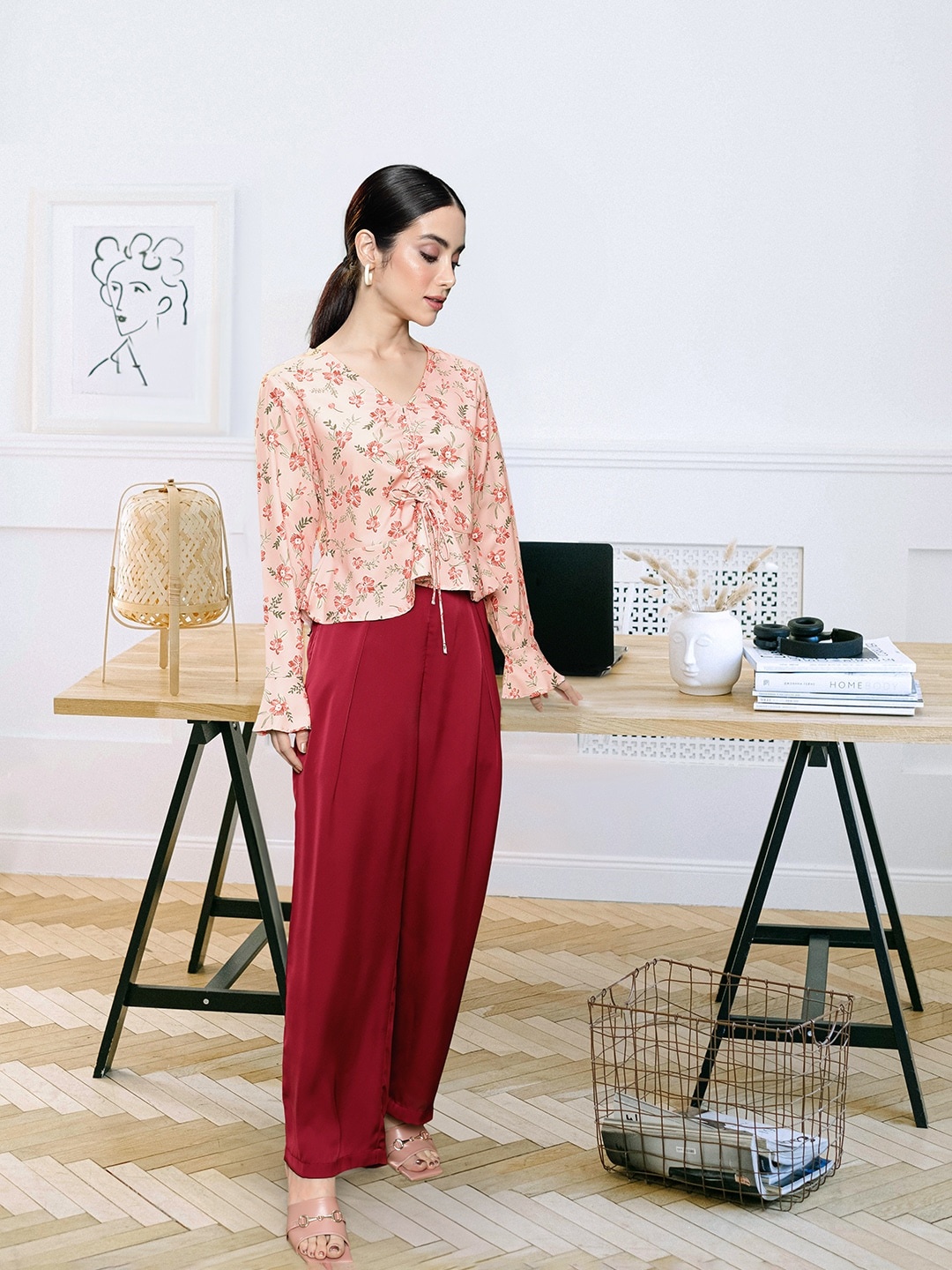 

encore by INVICTUS Floral Print Bell Sleeve Peplum Top, Peach