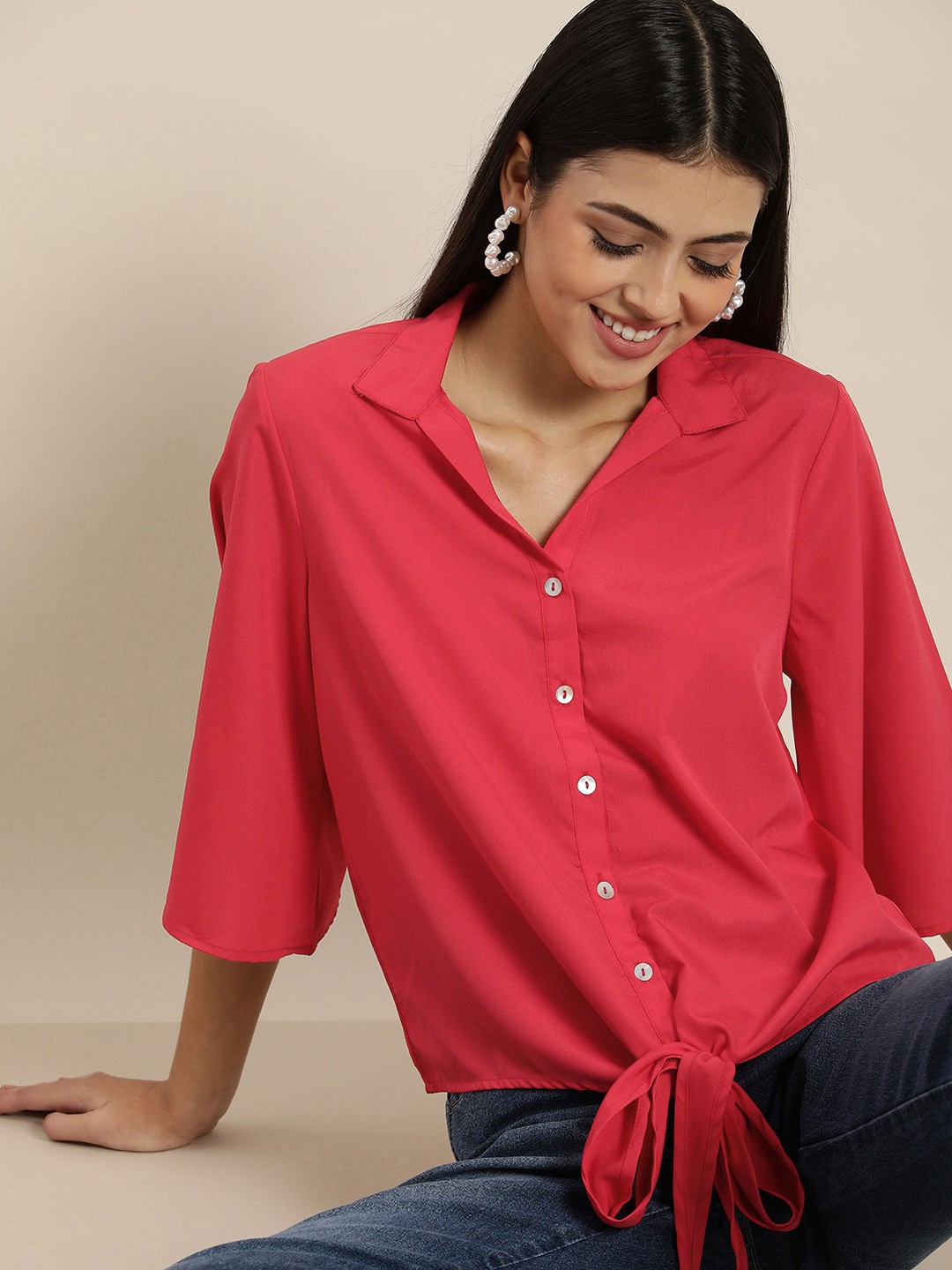 

encore by INVICTUS Women Solid Casual Shirt With Tie-Up details, Fuchsia