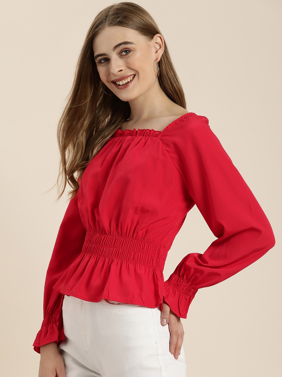 

encore by INVICTUS Bell Sleeves Smocked Detail Peplum Top, Red