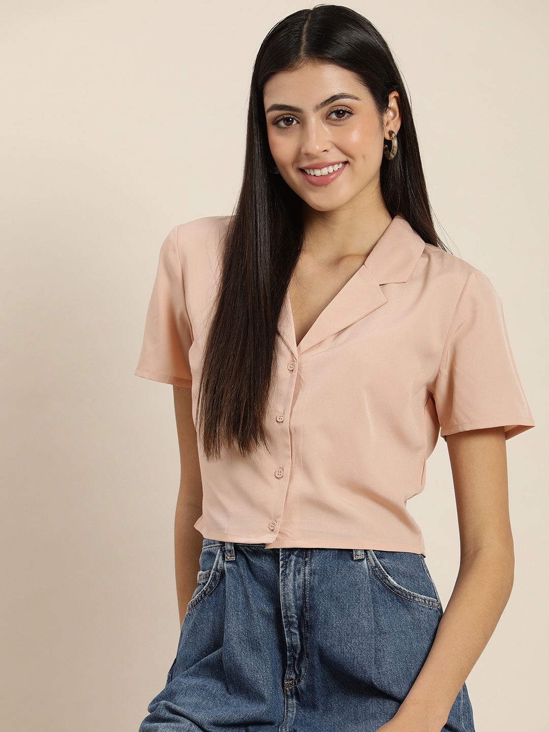 

encore by INVICTUS Women Solid Crop Casual Shirt, Beige