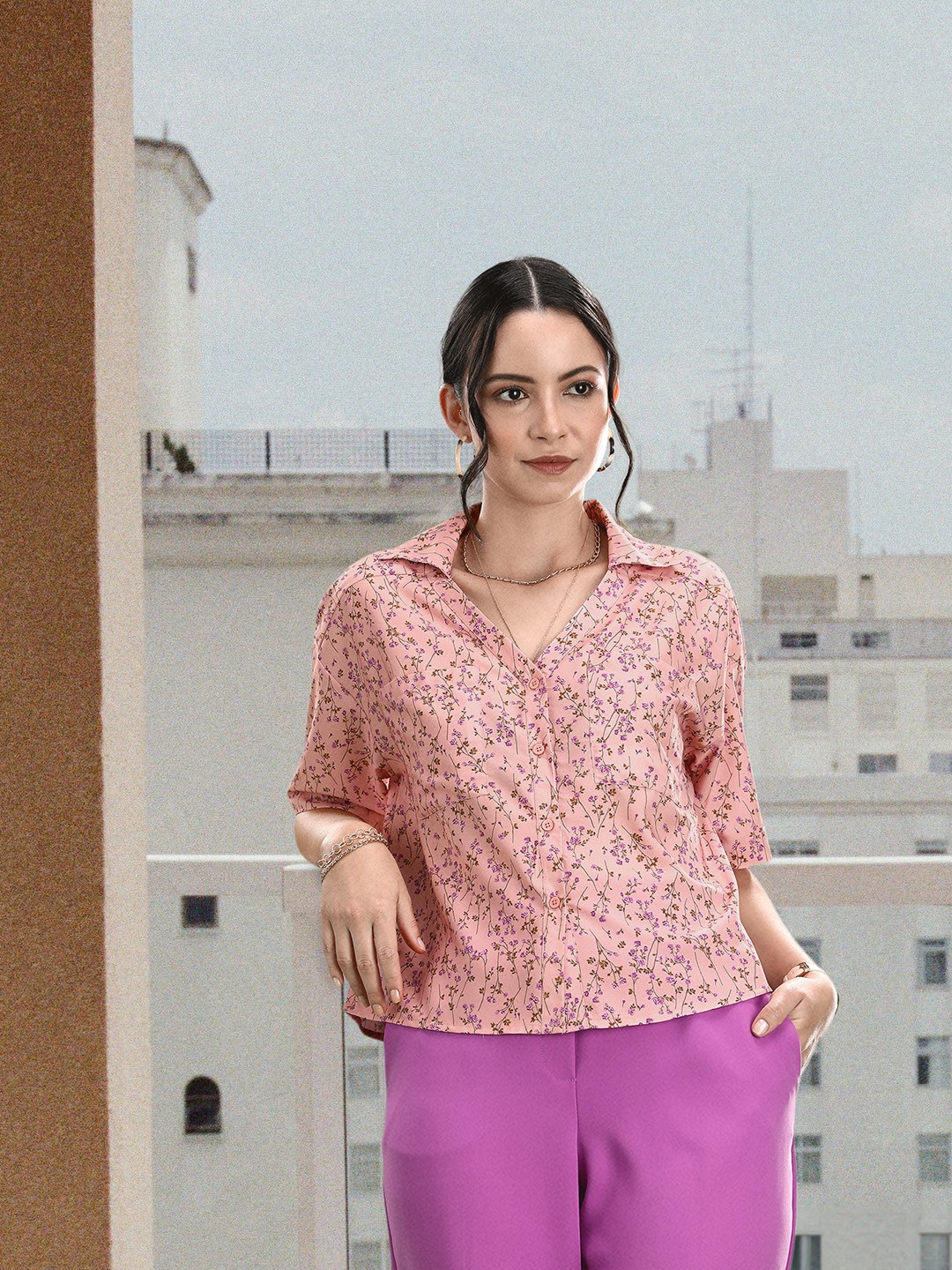 

encore by INVICTUS Floral Printed Casual Shirt, Peach