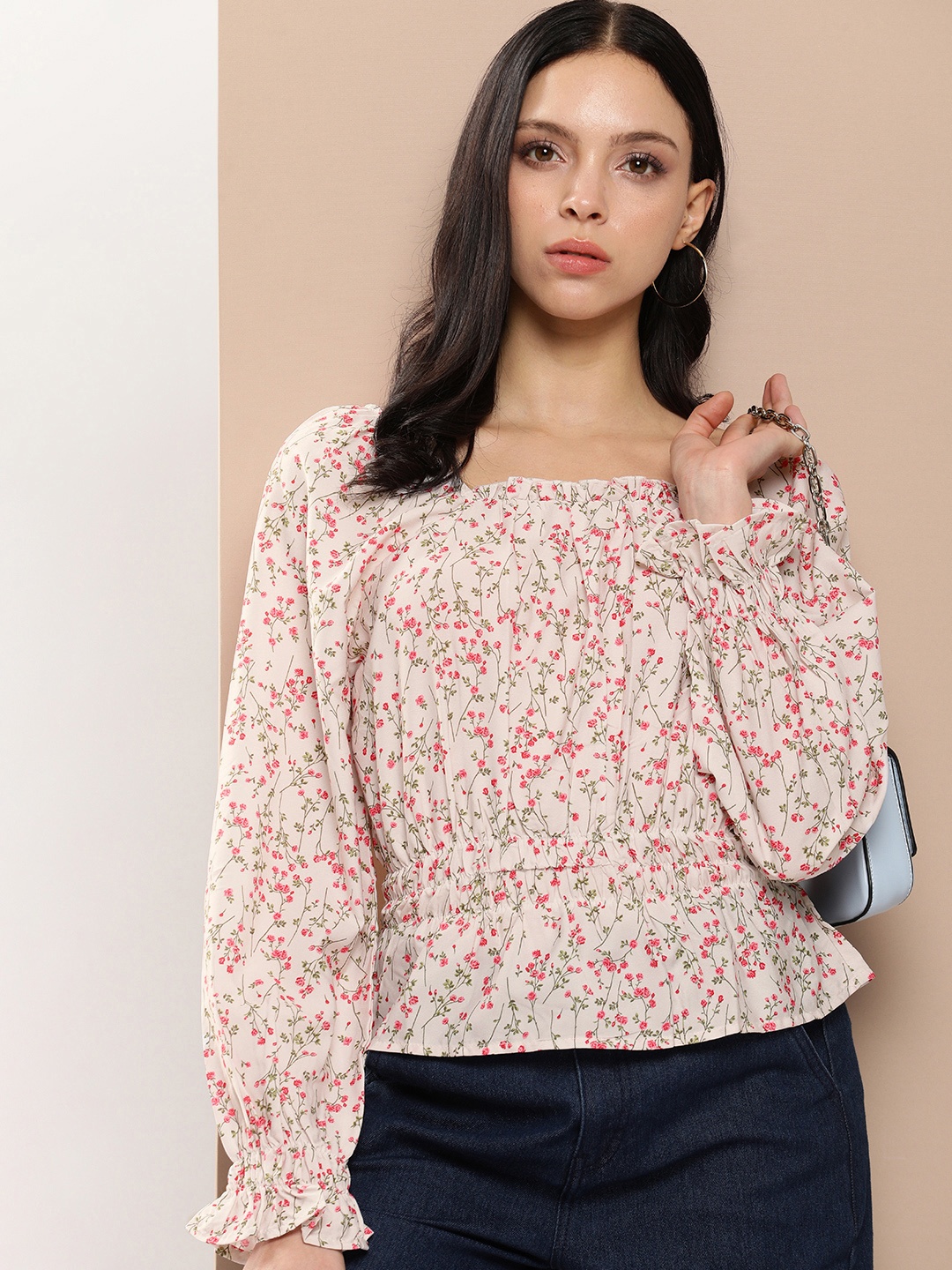 encore by INVICTUS Floral Printed Peplum Top, White