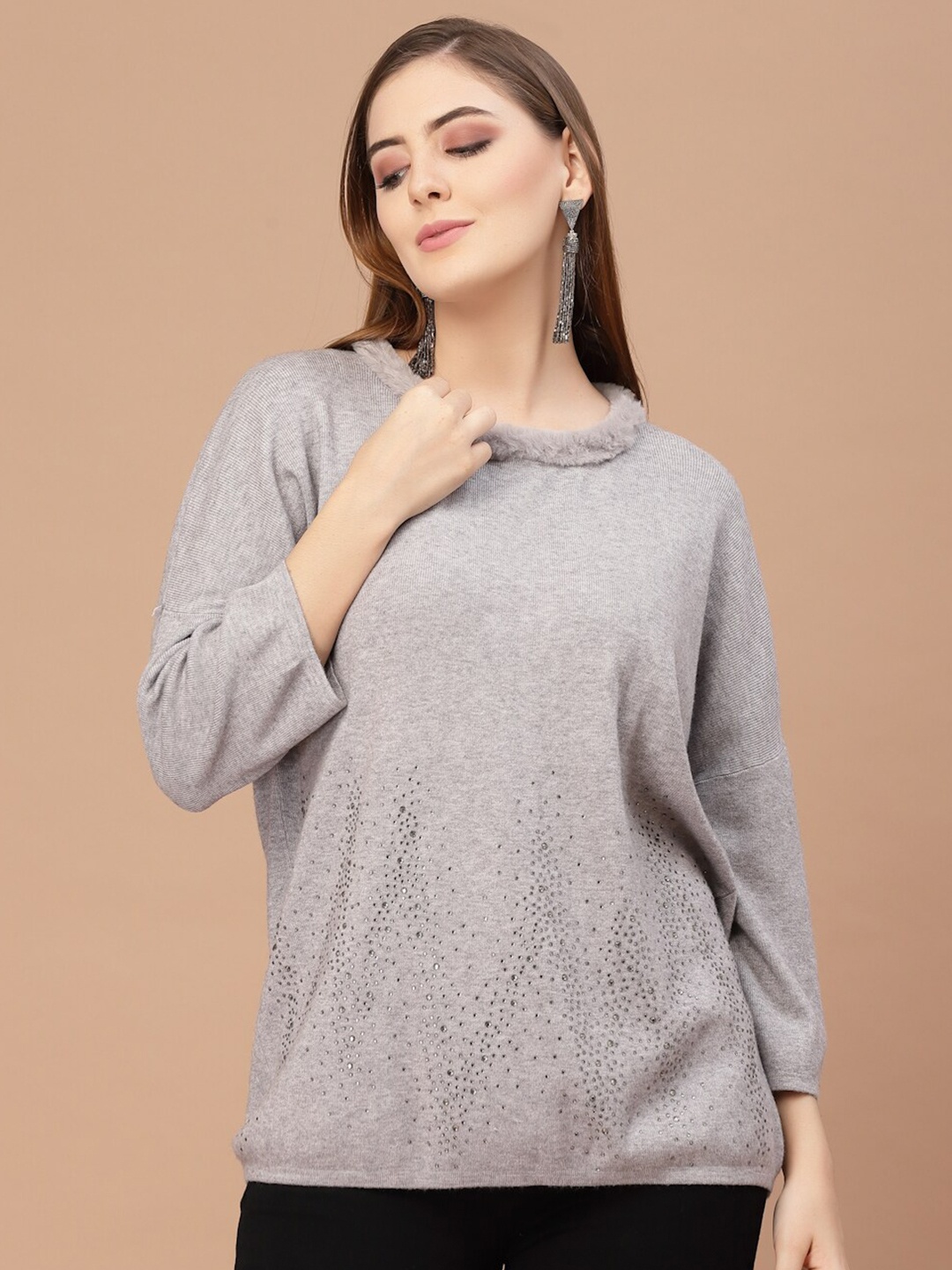 

Mafadeny Women Grey Pullover with Embellished Detail