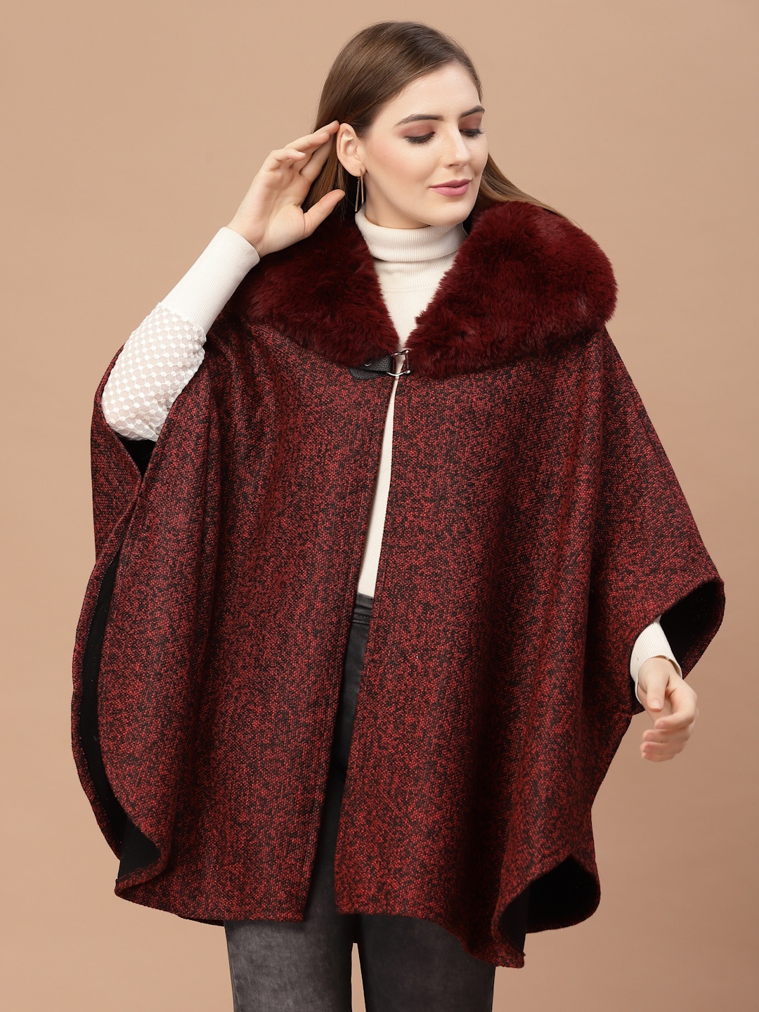 

Mafadeny Women Maroon Poncho