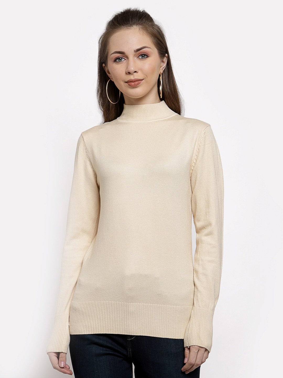 

Mafadeny Women Cream-Coloured Ribbed Pullover