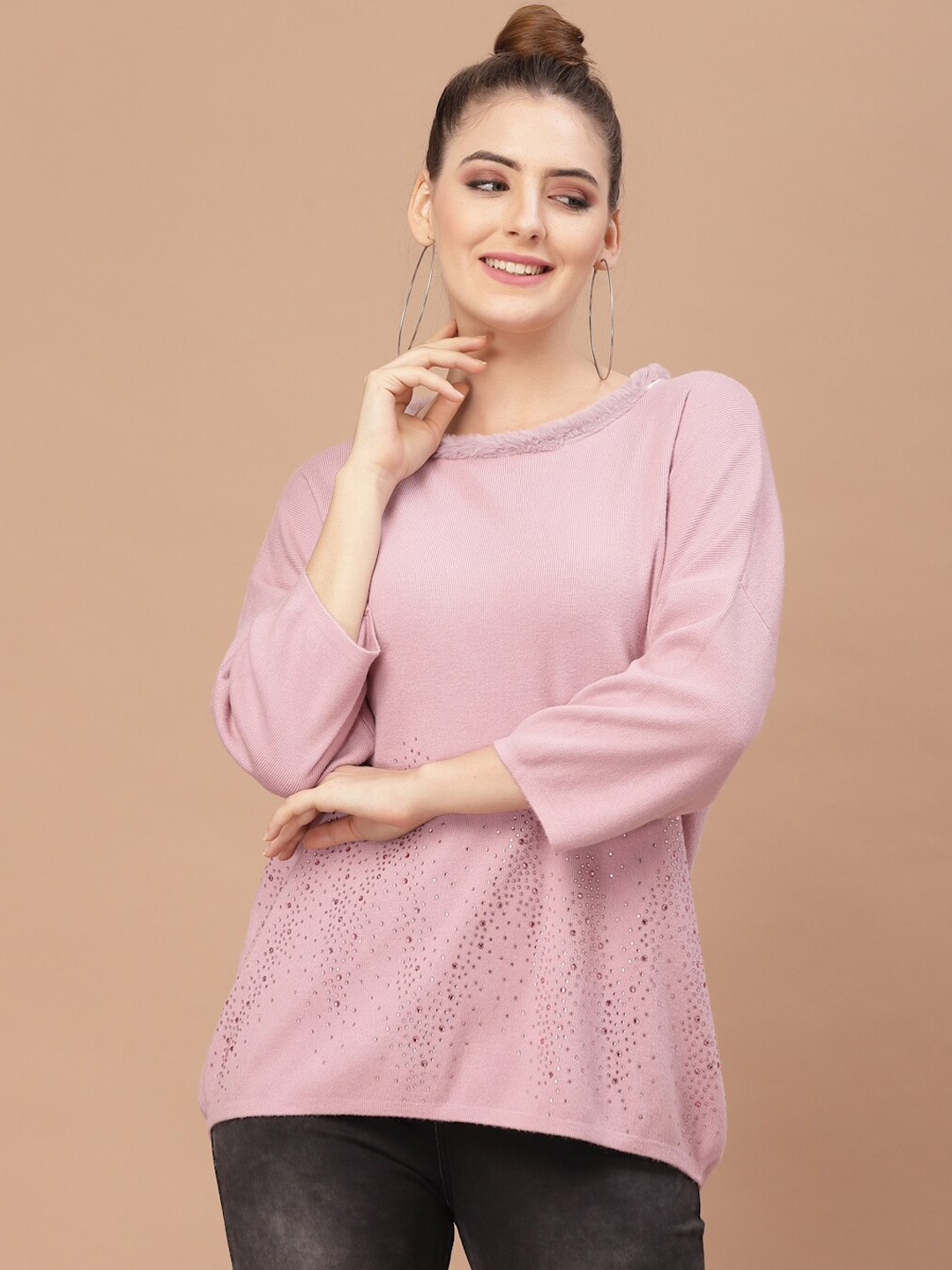 

Mafadeny Women Pink Ribbed Pullover with Embellished Detail