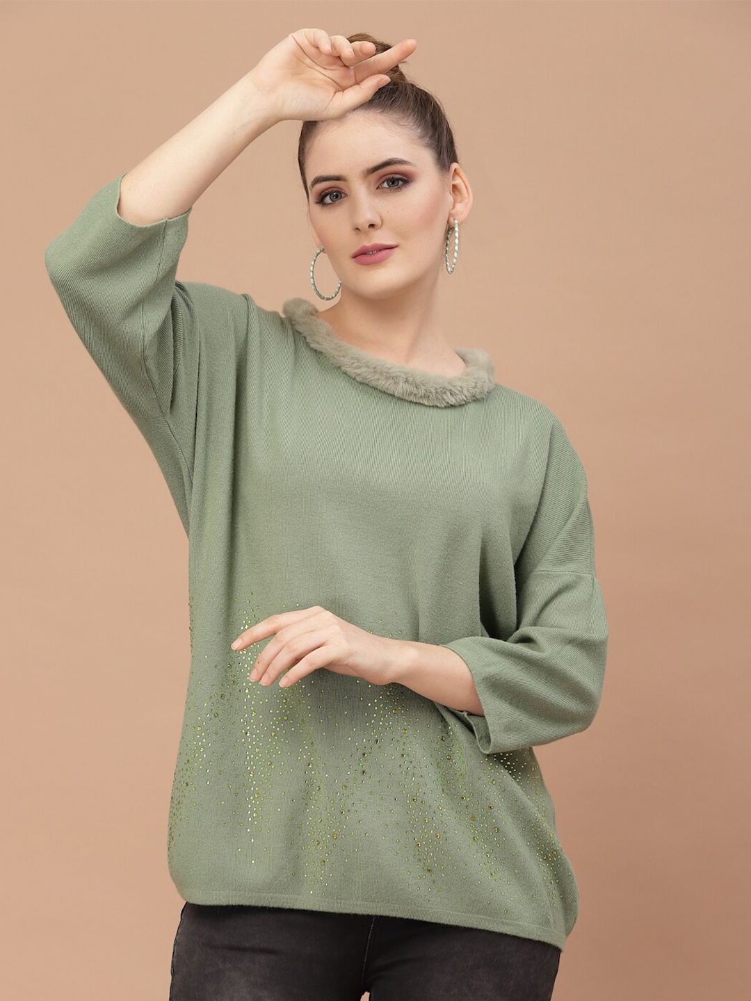 

Mafadeny Women Green Pullover with Embellished Detail