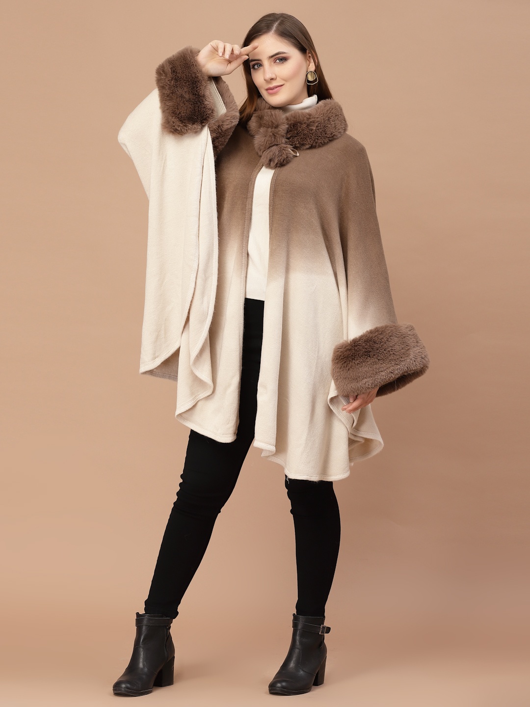 

Mafadeny Women Beige & Cream-Coloured Colourblocked Poncho