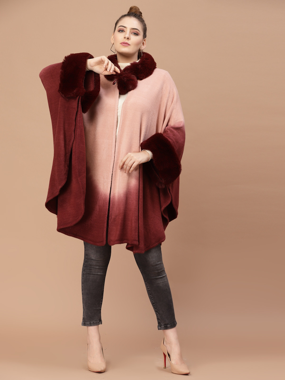 

Mafadeny Women Maroon & Peach-Coloured Colourblocked Poncho