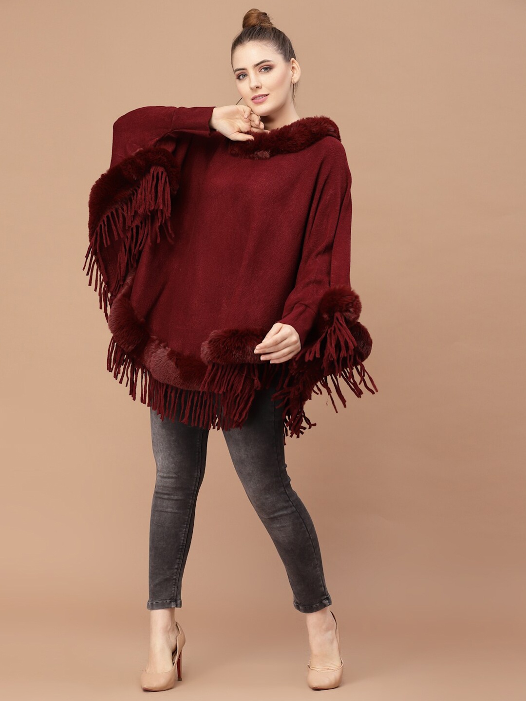 

Mafadeny Women Maroon Solid Poncho