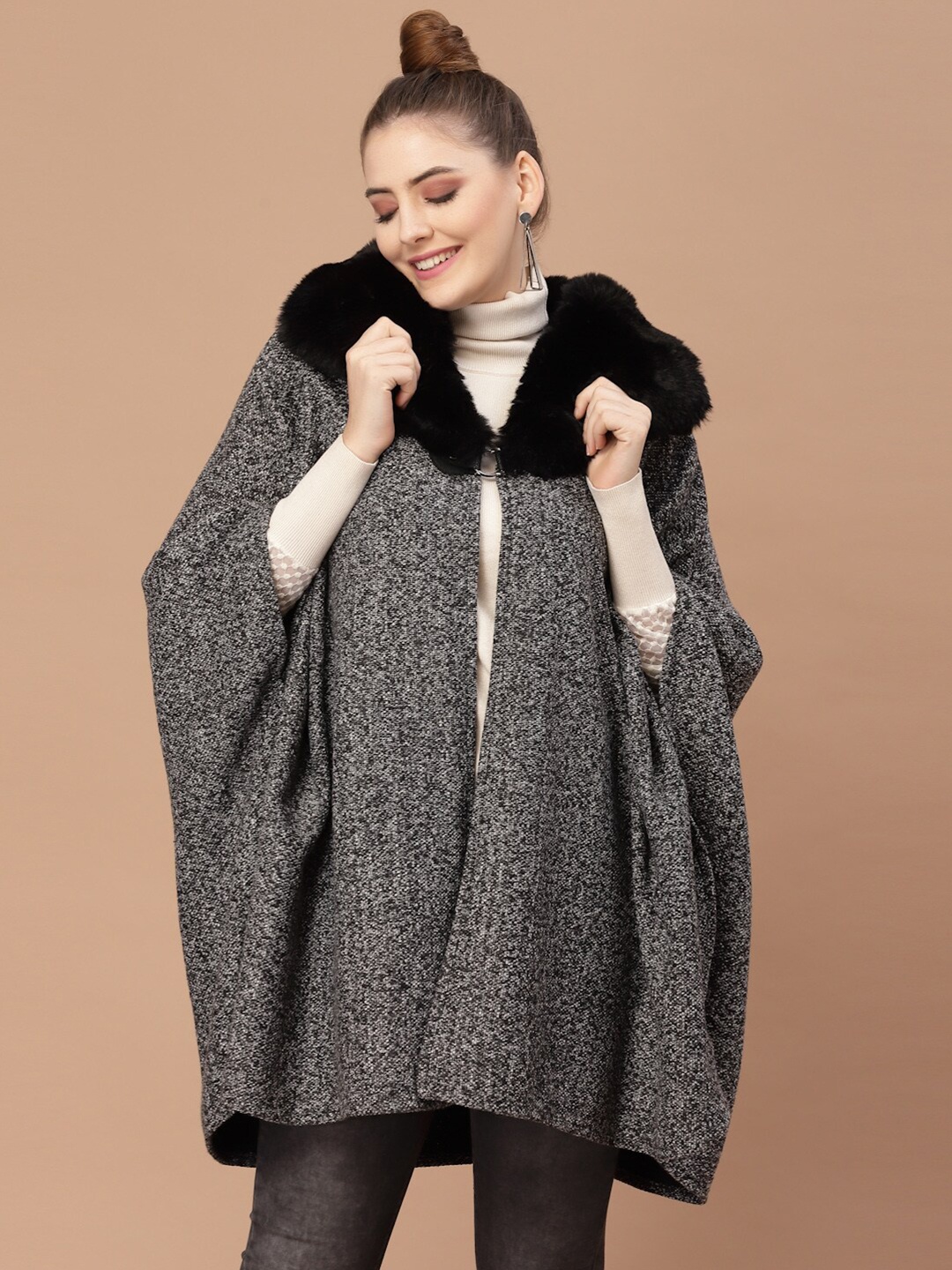 

Mafadeny Women Cable Knit Poncho, Grey
