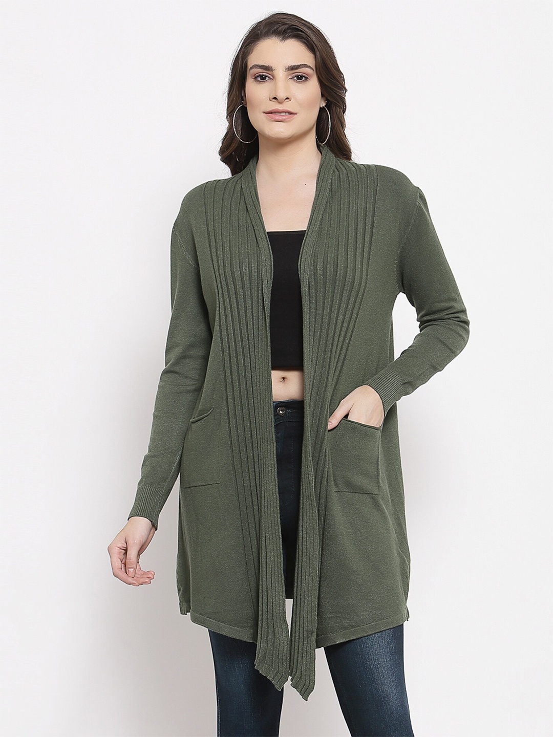 

Mafadeny Women Solid Longline Shrug, Green