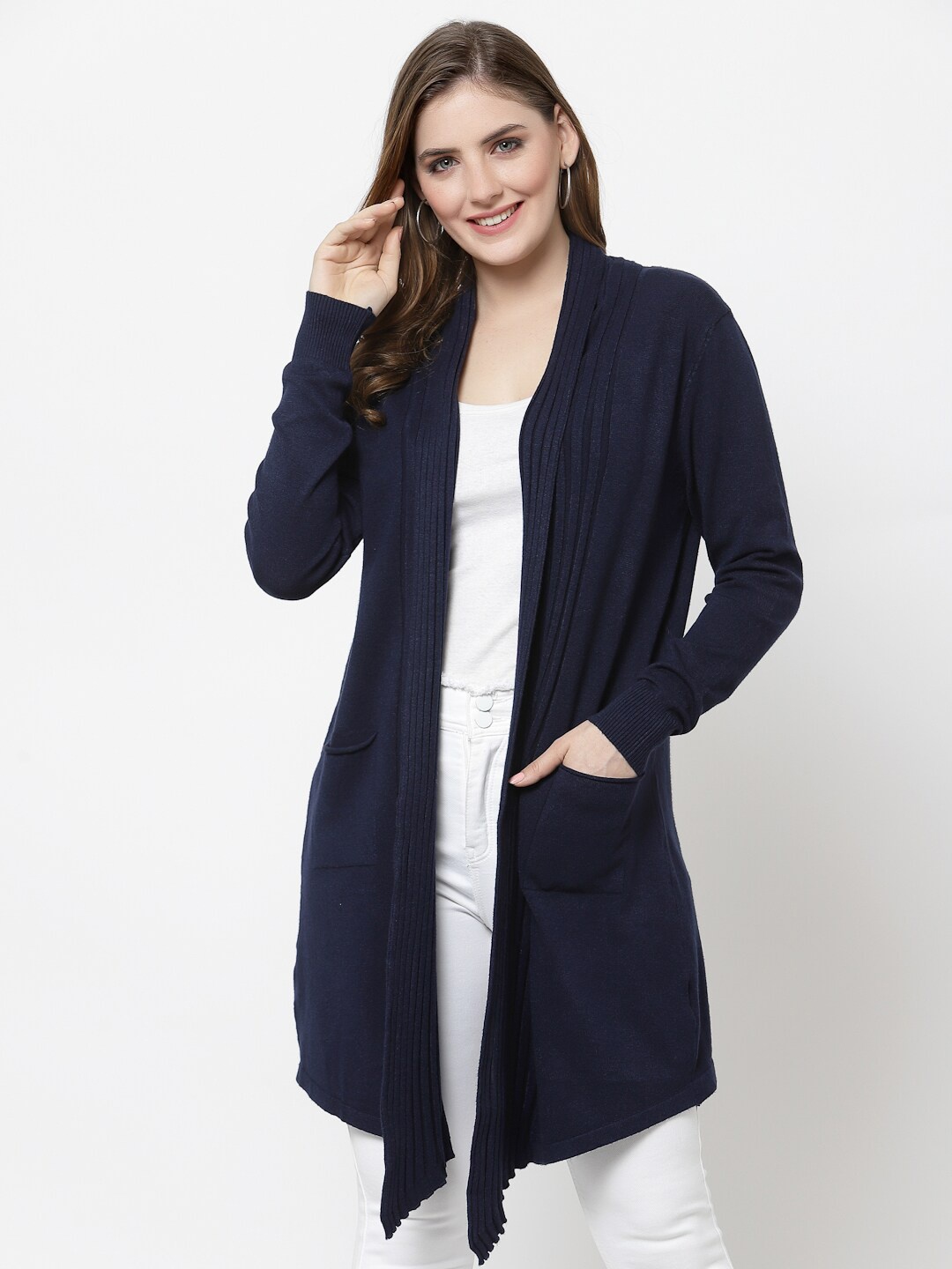 

Mafadeny Women Solid Longline Shrug, Navy blue