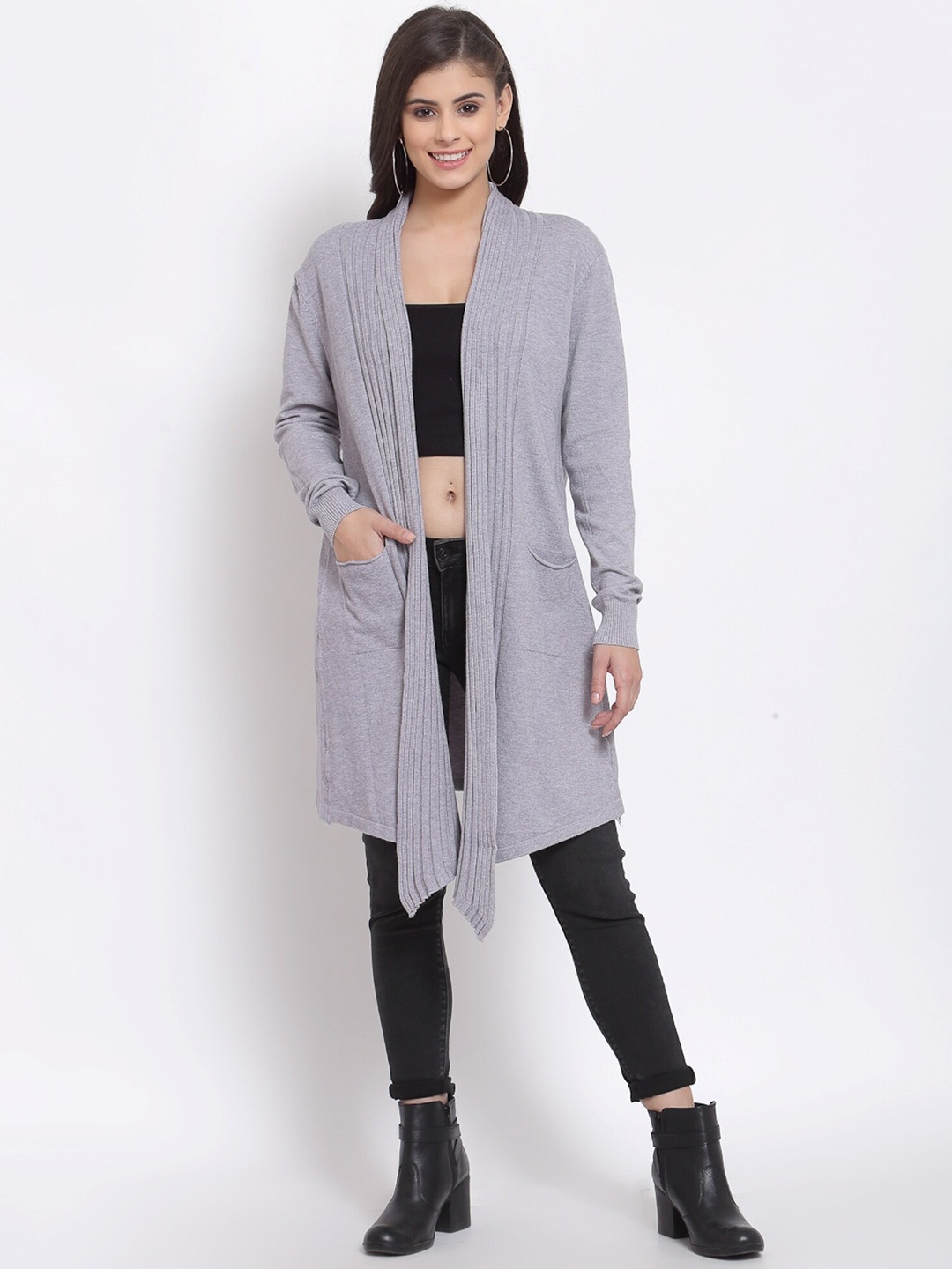 

Mafadeny Women Solid Longline Shrug, Grey