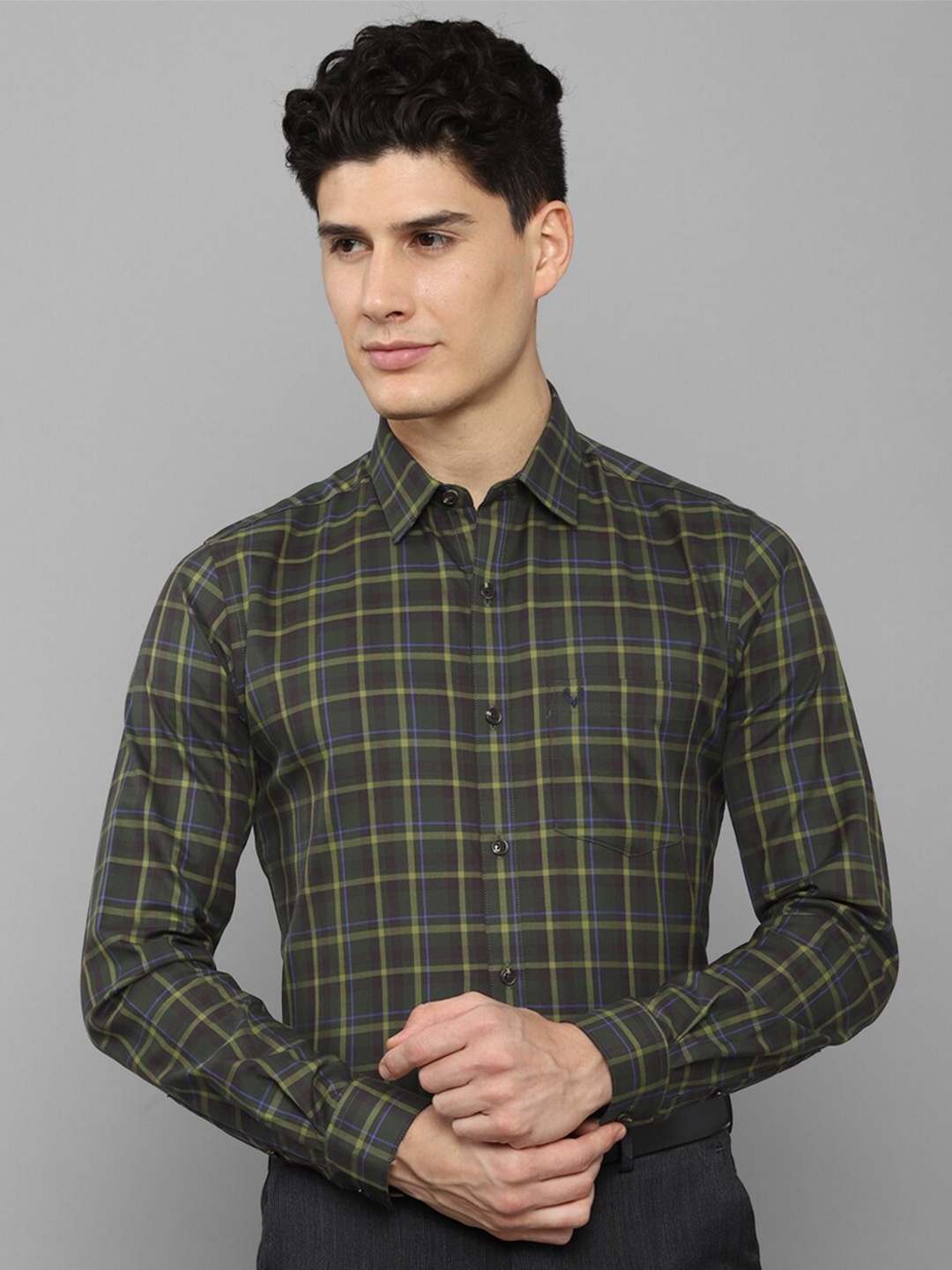 

Allen Solly Men Green Slim Fit Tartan Checks Checked Formal Shirt, Olive
