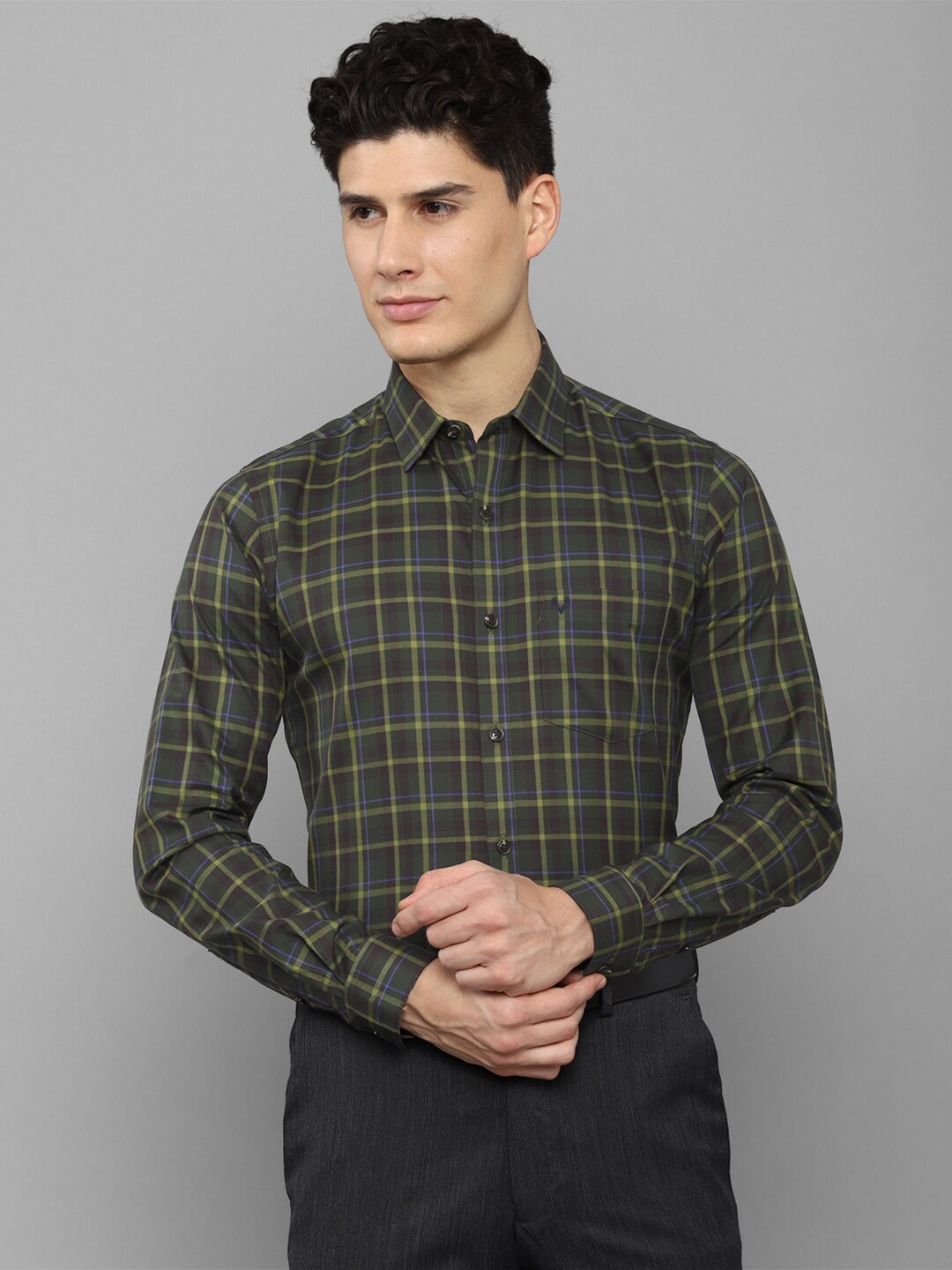 

Allen Solly Men Slim Fit Tartan Checks Checked Formal Shirt, Olive