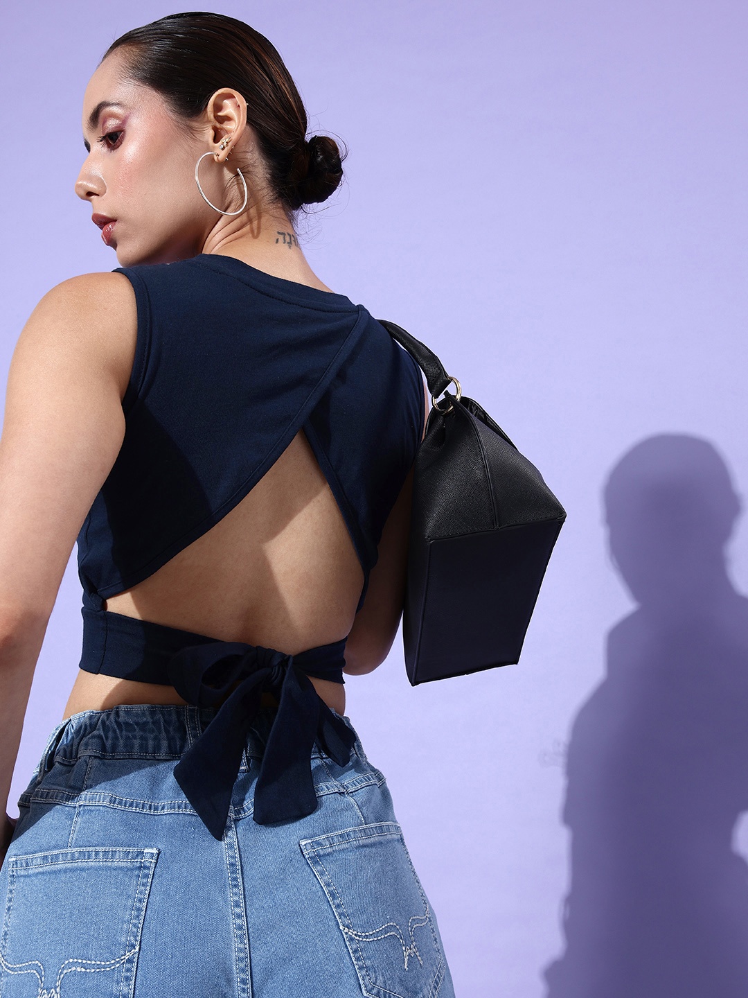 

Harvard Pure Cotton Styled Back Crop Top, Navy blue