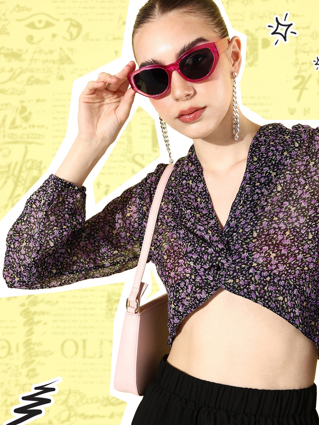 

Harvard Classic Black Floral Print Puff Sleeve Preppy College cool-Wrap it up Crop Top