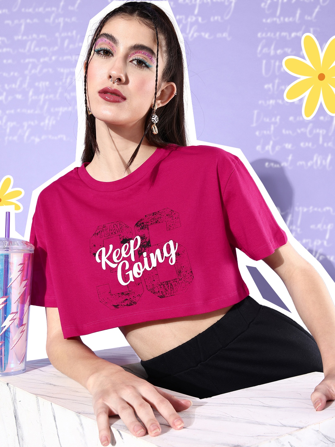 Harvard Women Pure Cotton Typography Printed Boxy T-shirt, Pink