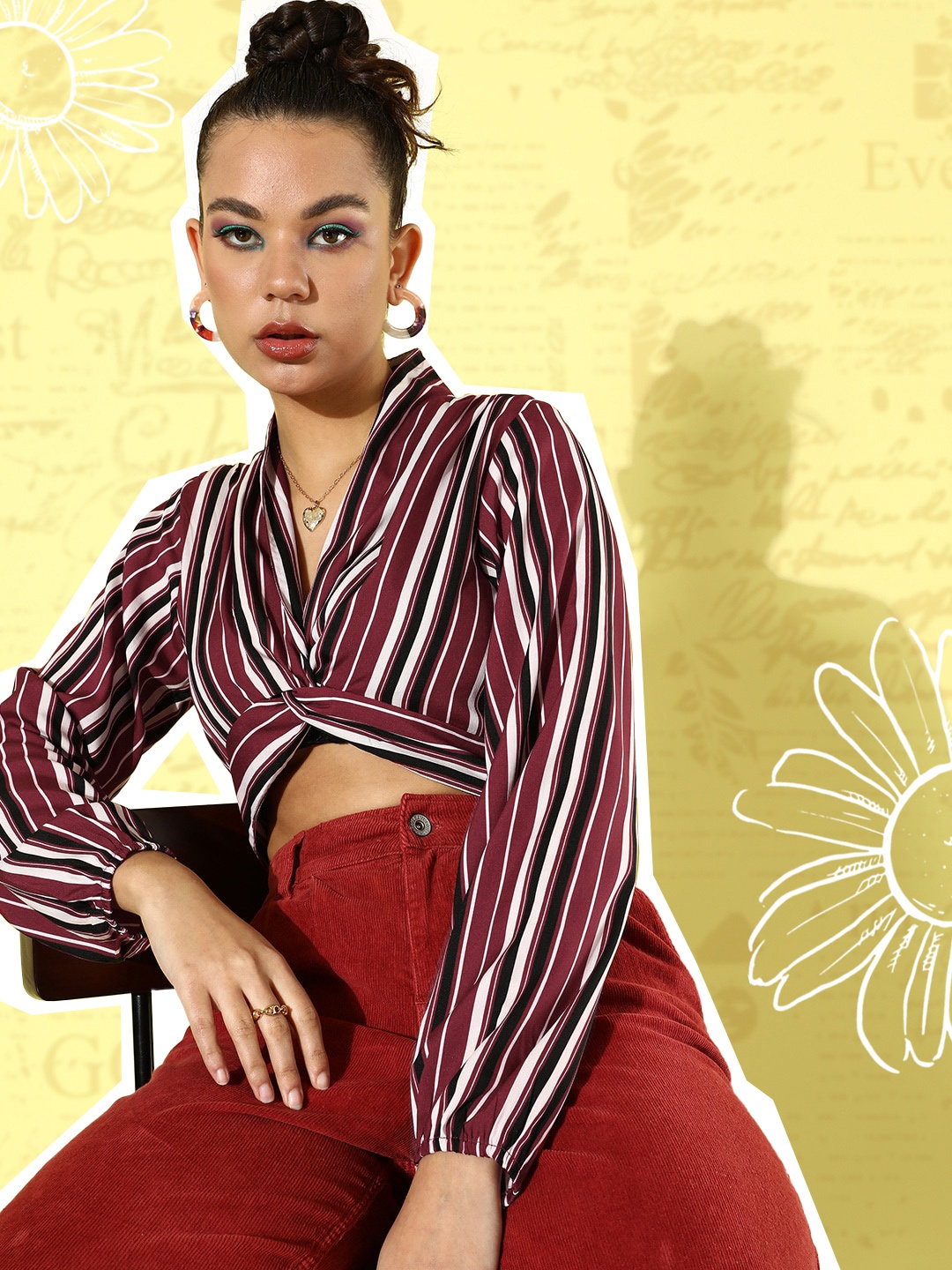 

Harvard Women Magnificent Maroon & Black Striped Smocked Blouson Wrap It Up Crop Top