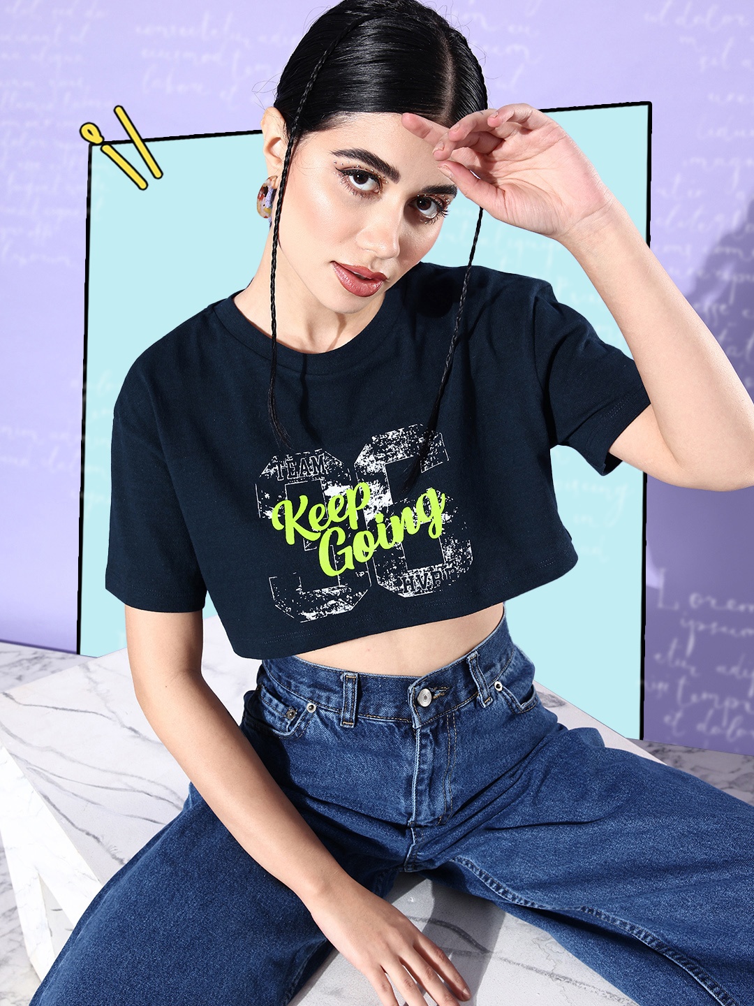 

Harvard Women Pure Cotton Typography Printed Boxy T-shirt, Navy blue