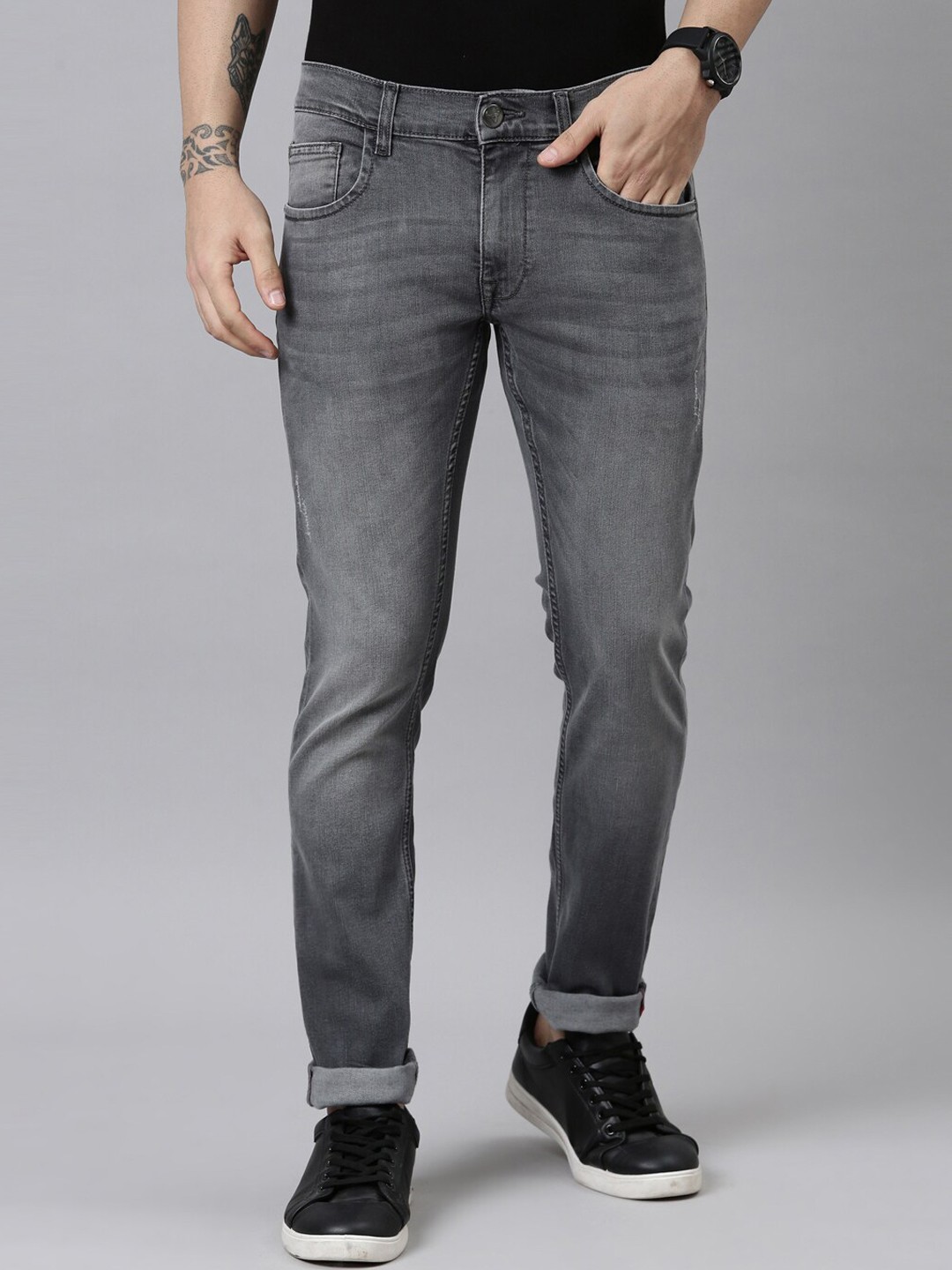 

American Bull Men Skinny Fit Low Distress Heavy Fade Jeans, Grey
