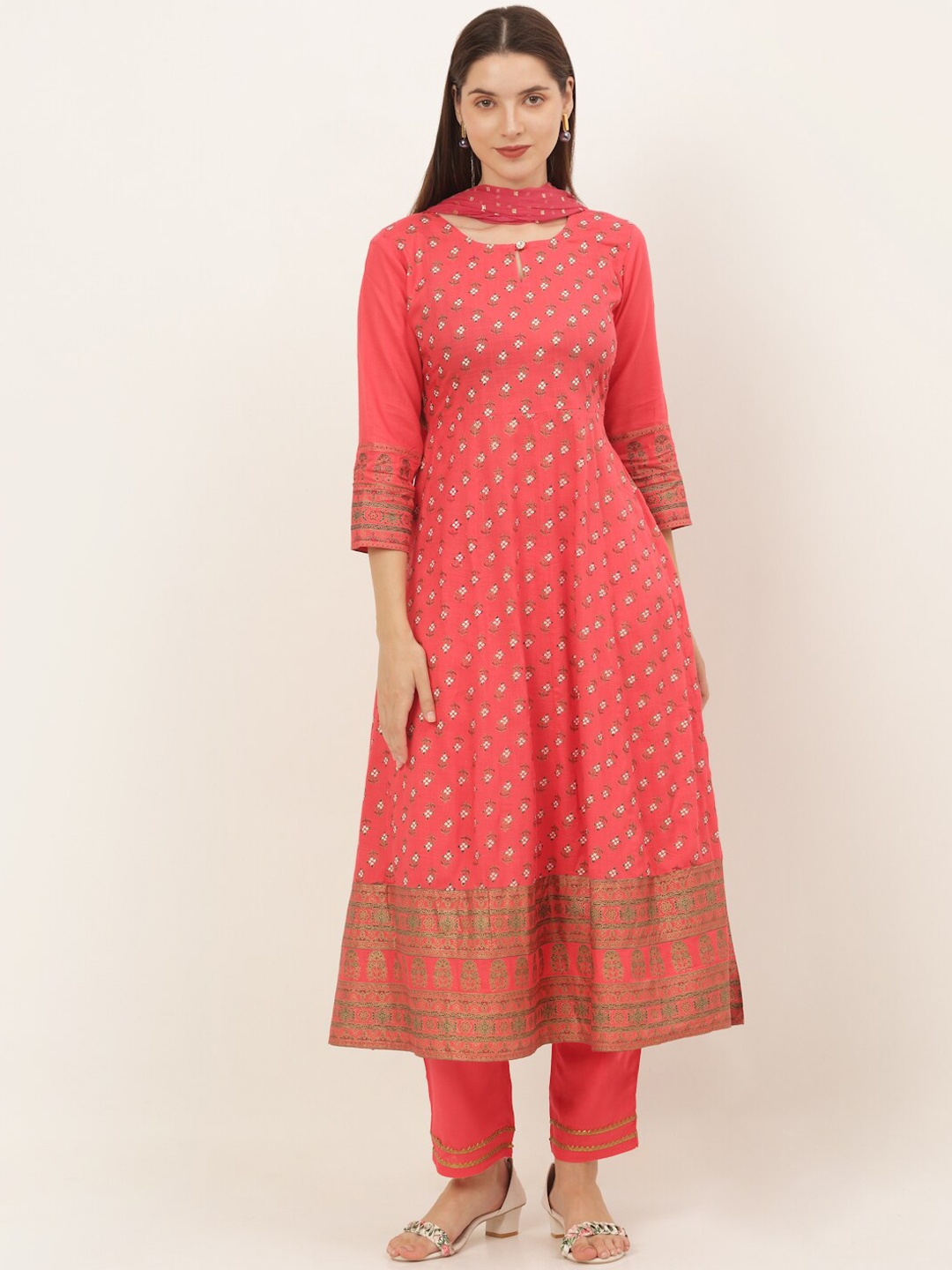 

Kalini Women Floral Printed Empire Kurta with Trousers & With Dupatta, Peach