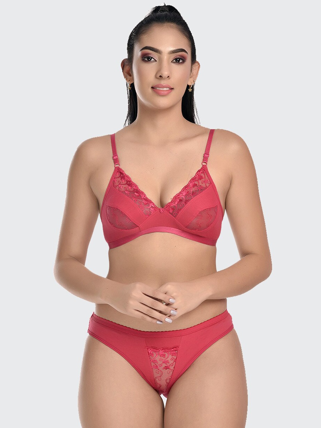 

Fleurt Women Self-Design Lace Lingerie Set HOBFleurt-Drop Set-RPK-28-Red, Pink