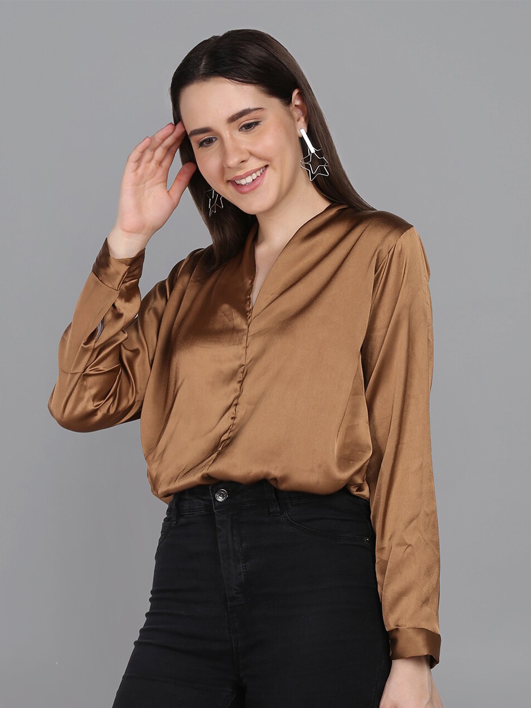 

SAKIA Women Casual Satin Full Sleeve Shirt, Brown