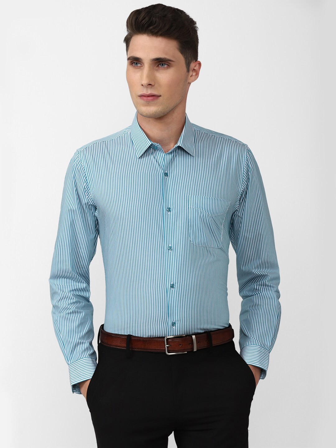 

Peter England Men Slim Fit Vertical Striped Formal Shirt, Blue