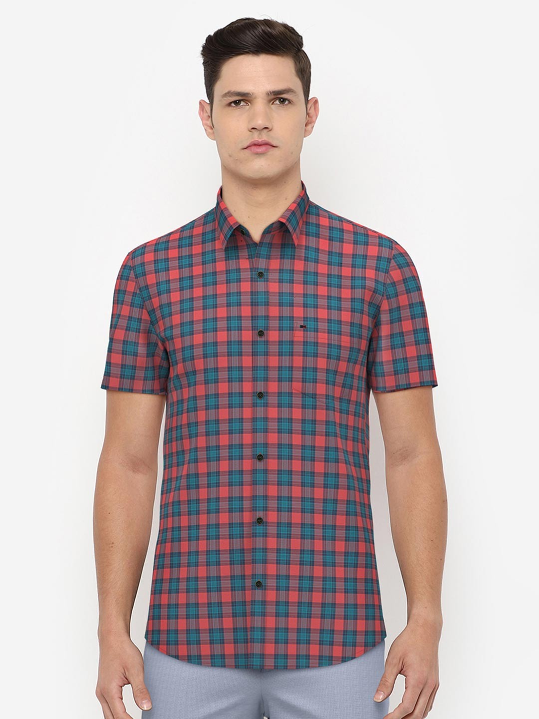 

Peter England Casuals Men Slim Fit Tartan Checked Pure Cotton Casual Shirt, Blue