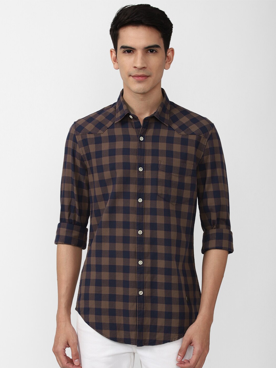 

Peter England Casuals Men Slim Fit Buffalo Checked Pure Cotton Casual Shirt, Brown