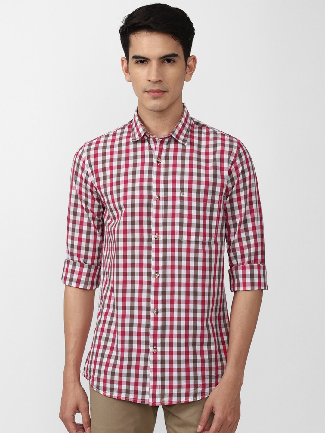 

Peter England Casuals Men Slim Fit Gingham Checked Pure Cotton Casual Shirt, Red