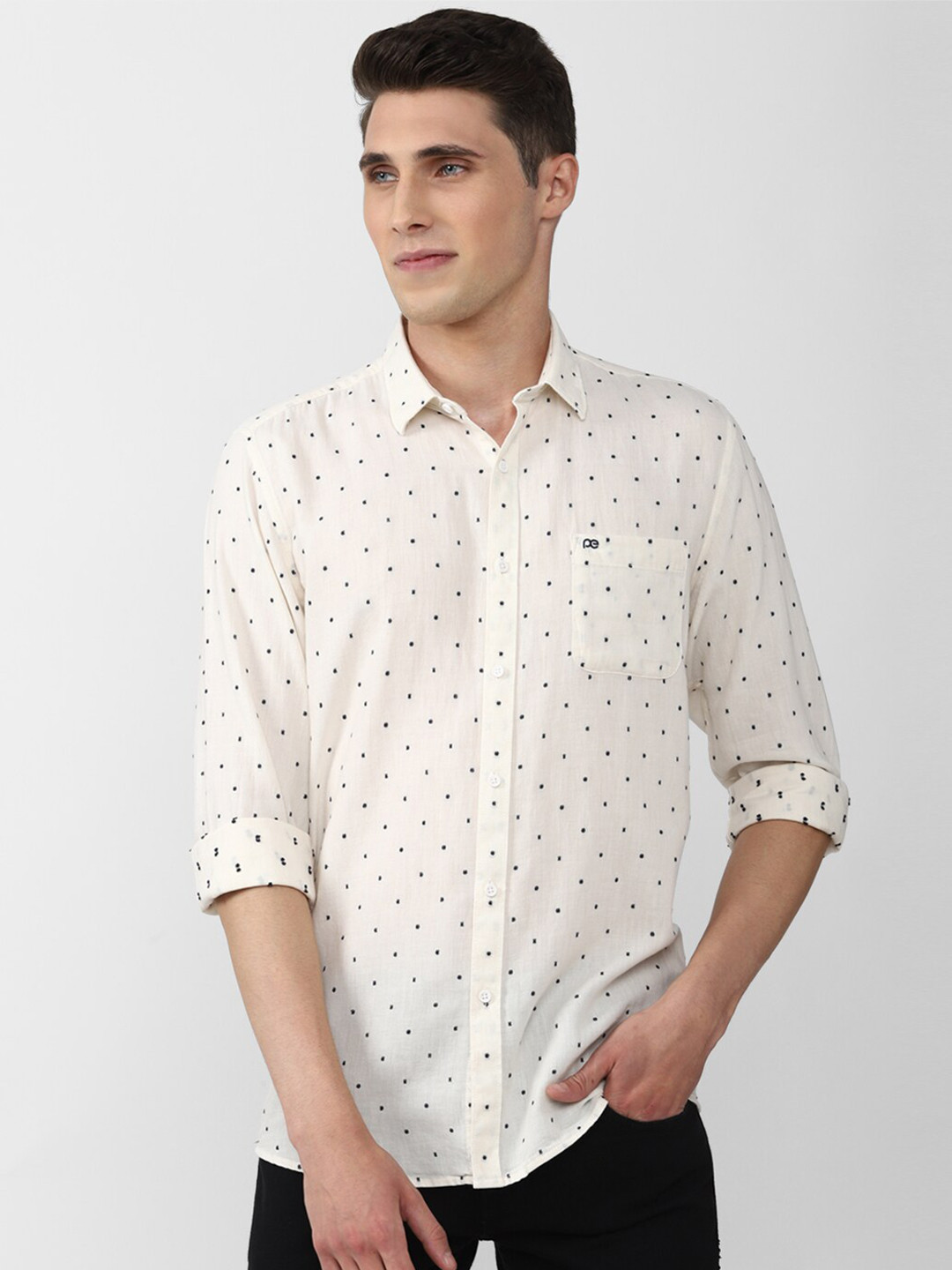 

Peter England Casuals Men Slim Fit Printed Pure Cotton Casual Shirt, Cream